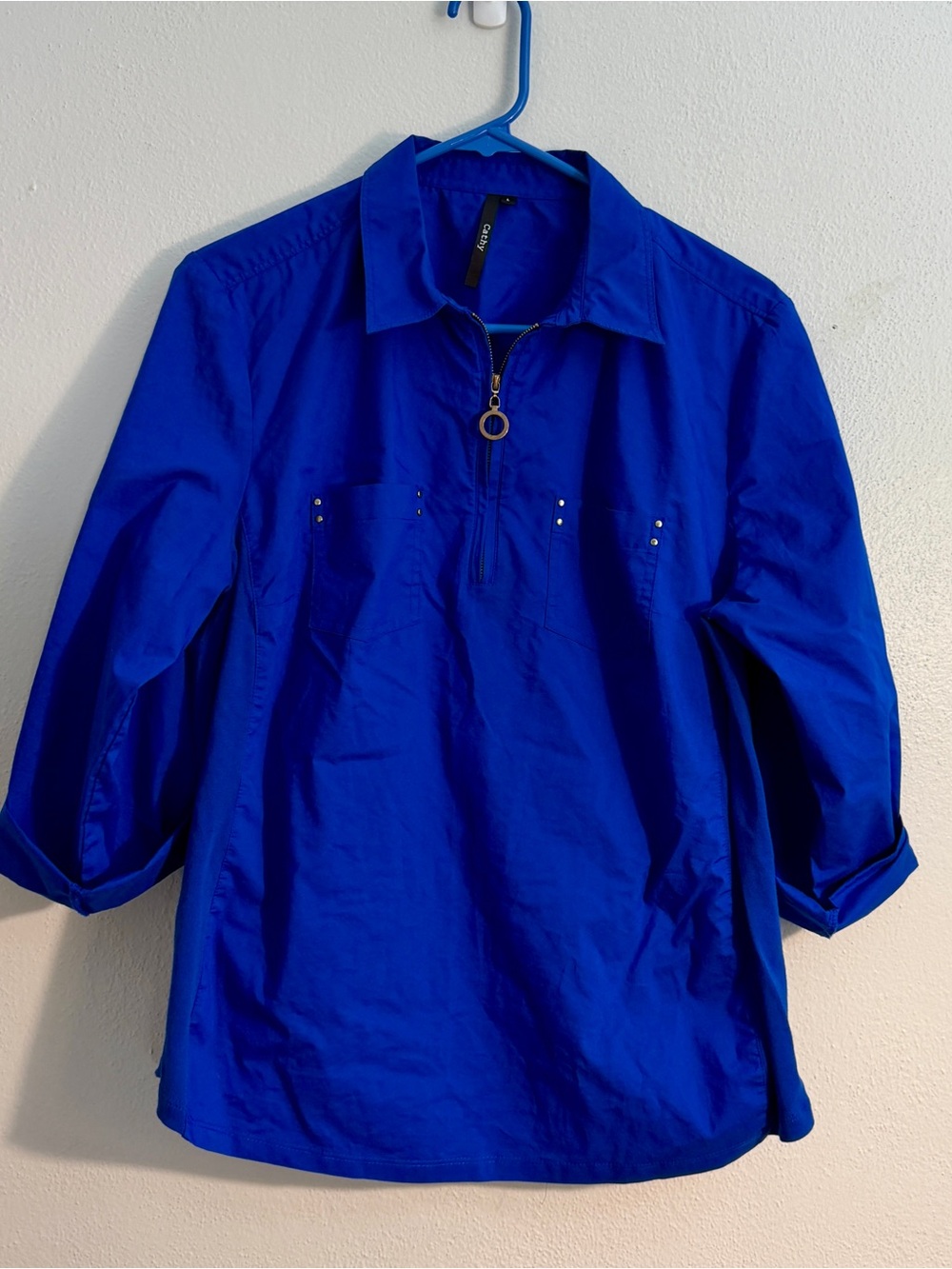 Cobalt Half-Zip Collared Blouse with Ring Pull